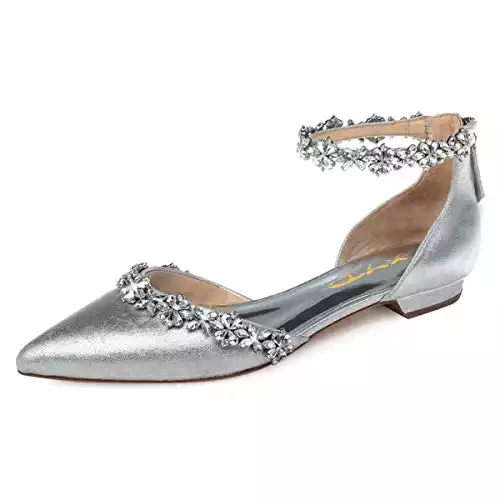 XYD Women Classic Pointed Toe D'Orsay Wedding Flat Sandals Sparkly Rhinestones Ankle Strap Low Heel Dress Shoes with Zipper Size 13 Silver
