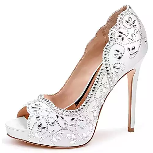 XYD Women Peep Toe Platform Rhinestones Studded Bridal Pumps Satin Super High Heels Slip On Wedding Event Dress Shoes Size 9.5 Ivory
