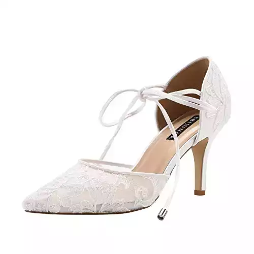 ERIJUNOR E2374 Ivory Lace Mesh Satin Bridal Wedding Shoes for Women Comfortable Mid Heel Tie Up Ankle Strap Pointy Toe Pumps Ivory Size 6.5